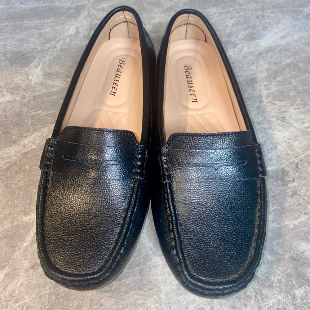 Beauseen women's black penny loafers, driving shoe, size 7